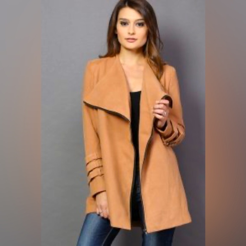 Women’s TWELVE By ONTWELFTH Camel collarless zip front jacket- Size Medium - Picture 1 of 10